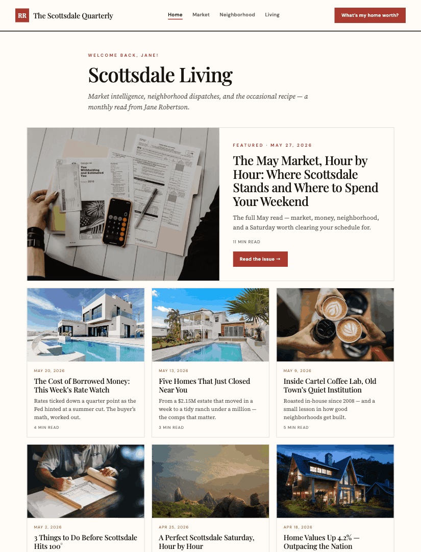 The agent's own blog home page, kept fresh by every email