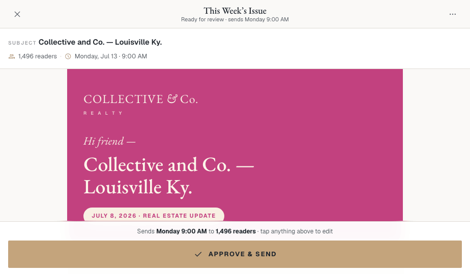 The weekly review screen with the Approve and Send button